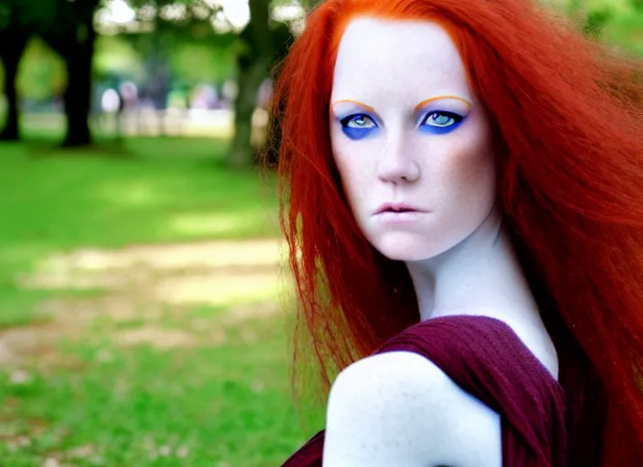 Image similar to award winning 8 5 mm close up face portrait photo of a redhead with maroon colored hair and perfect symmetrical blue human eyes in a park by luis royo.