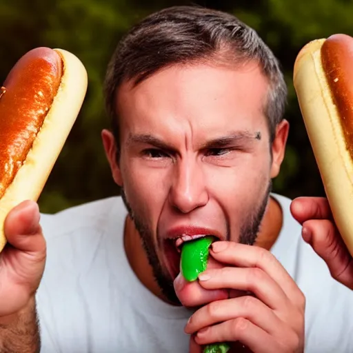 Prompt: a man eating a hot dog, highly detailed