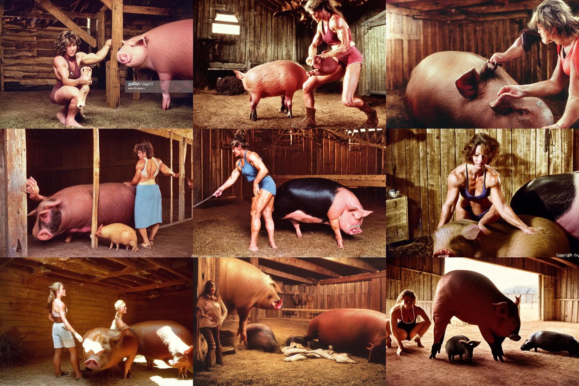 Prompt: color photograph portrait of a muscular woman tending a large pig in a barn. night, summer, warm lighting, 1 9 9 0 photographs from life magazine.