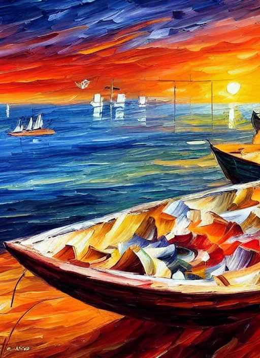 Image similar to beautiful seaside greek village and boats at sunset in the style of leonid afremov