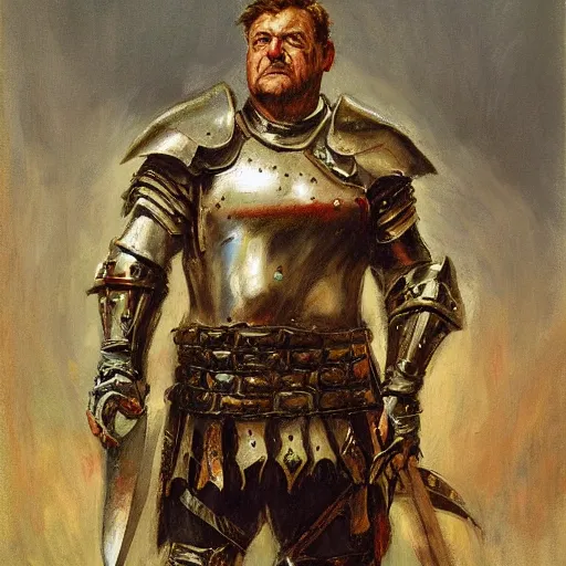 Image similar to portrait of john goodman wearing armor and holding sword by frank fazetta, fantasy, barbarian