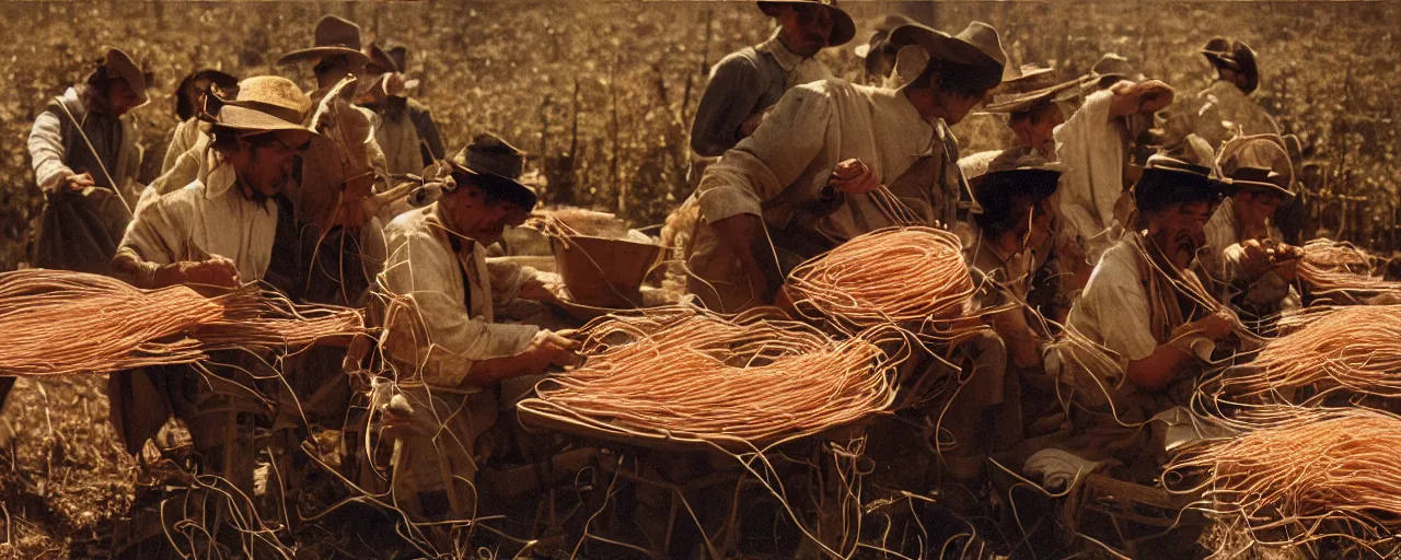 Prompt: wide shot harvesting spaghetti during the gold rush, no faces, intricate, sigma 5 0 mm, cinematic lighting, photography, wes anderson, film, kodachrome