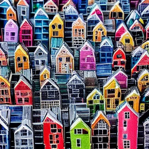 Prompt: A cityscape made up of thousands of tiny colorful houses. Photography.