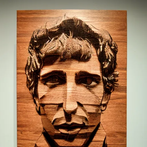 Prompt: accurate portrait of a bob dylan, symmetrical face, carved out of red oak wood on a pedestal art by stephan balkenhol, dramatic lighting, artsy, 8 k