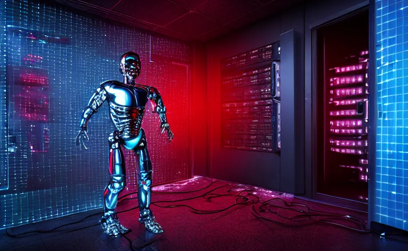 Prompt: ( high detailed terminator without flesh ), staying in front of data center room, heavy fire on the background, extreme long shot, 1 6 mm, high detail, cold neon light, cinematic colors, sharp