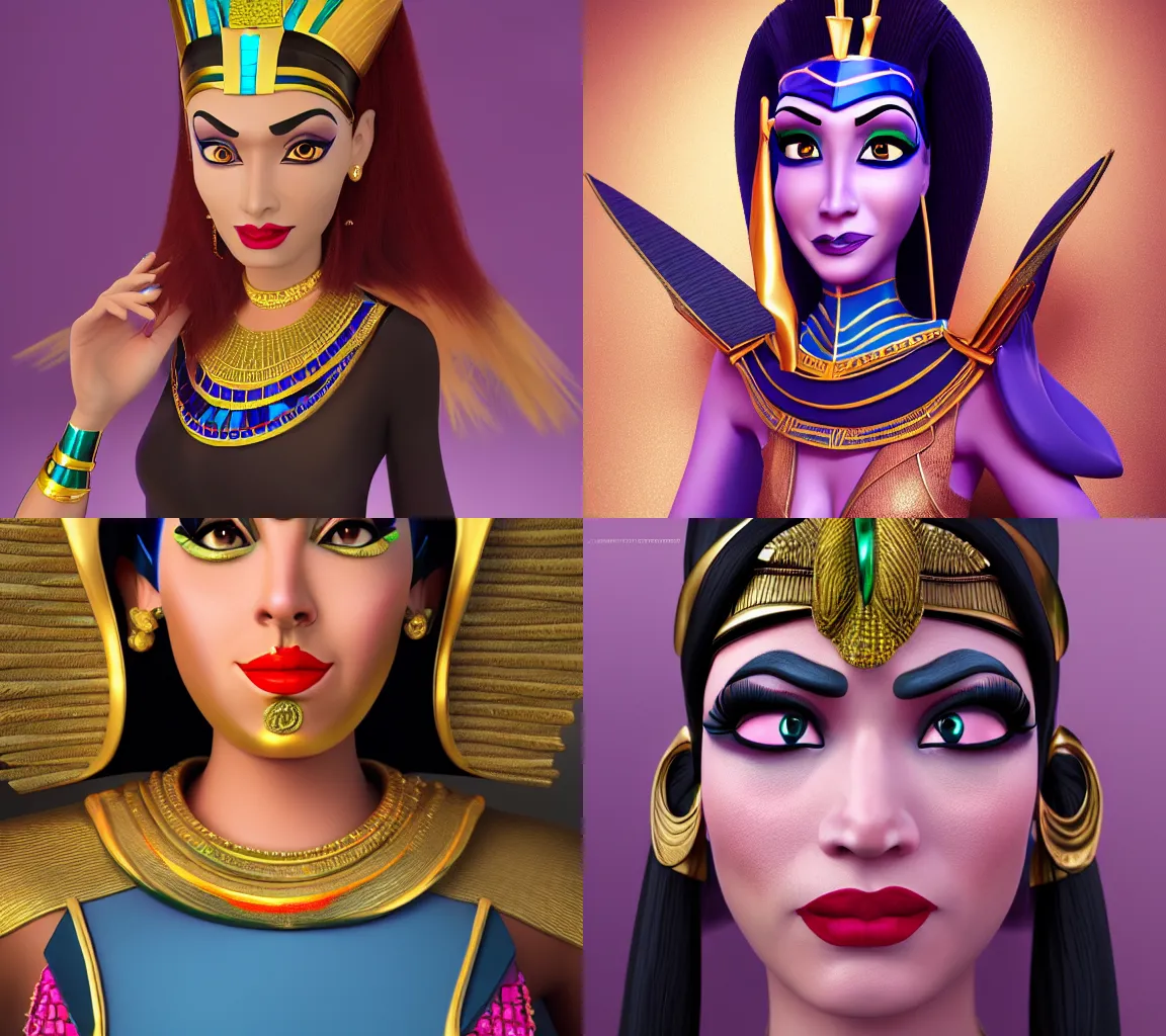 Prompt: detailed Portrait of female Disney villain, egyptian theme, arrogant look, beautiful 3D render, 8k, ocatane render