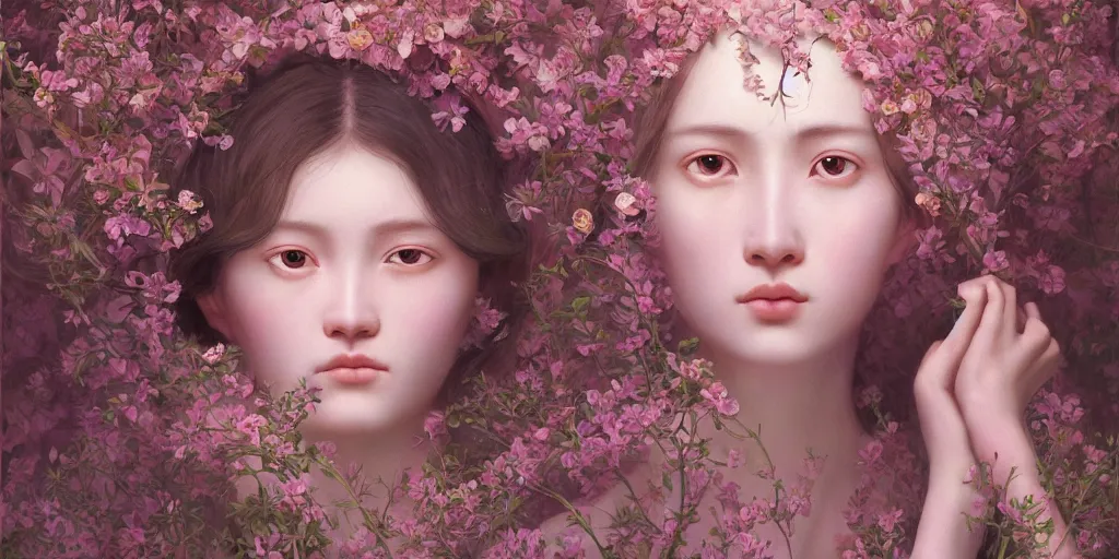 Image similar to breathtaking detailed weird concept art painting of few goddesses of light pink flowers, orthodox saint, with anxious, piercing eyes, ornate background, amalgamation of leaves and flowers, by Hsiao-Ron Cheng, extremely moody lighting, 8K