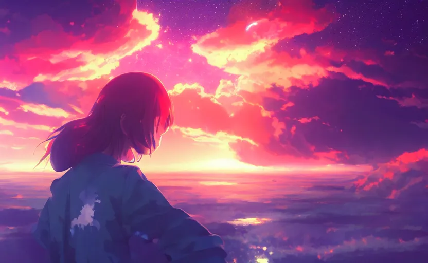 Image similar to anime scene background, anime painting, 3d render, hyper realistic, dramatic lighting, the sky is a nebula on fire, 8k hdr pixiv dslr photo by Makoto Shinkai ilya kuvshinov and Wojtek Fus, digital art, concept art,