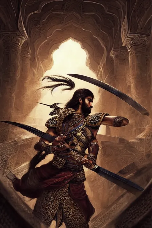 Image similar to Beautiful portrait of a Persian Prince fighting at war, warrior, brutal battle, handsome prince of persia, attractive young man, persian style architecture, dramatic lighting, dark and horror, action and tragedy, intricate, wild, highly detailed, digital painting, artstation, concept art, smooth, sharp focus, illustration, art by artgerm and greg rutkowski and alphonse mucha, footage from space camera