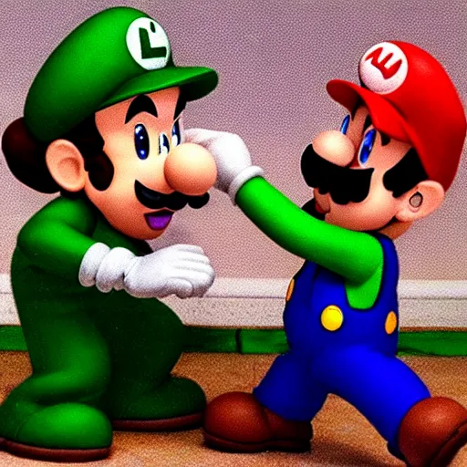 Image similar to Luigi strangling Mario with a garrote in the style of a Nintendo 64 game.