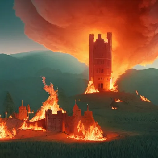 Prompt: a royal grand medieval castle on fire, on top of a hill, birds eye view from a distance, intense smoke, burning down, intense flames, center focus, landscape by simon stalenhag, rendered by beeple, by makoto shinkai, digital art