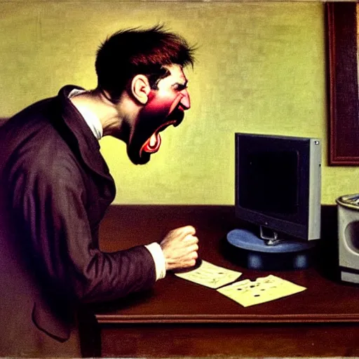 Image similar to an angry man yells at his computer monitor, oil on canvas, 1 9 0 1