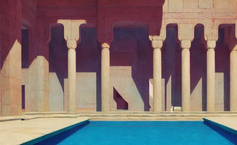 Prompt: A ancient persian temple with a big pool , very coherent, painted by Edward Hopper, Wayne Barlowe, painted by James Gilleard, airbrush, art by JamesJean