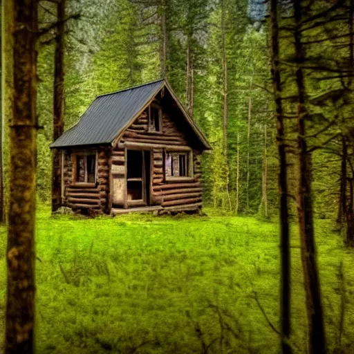 Prompt: a photo of a Eerie cabin in the middle of the woods in the style of blurry iphone footage