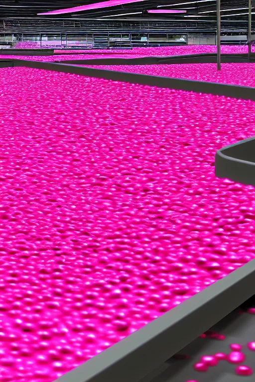 Image similar to Factory Conveyor Belt of pink liquid, photorealistic, ultra detailed, 4k