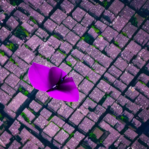 Image similar to closeup photo of one purple flower petal flying above a city, aerial view, shallow depth of field, cinematic, 8 0 mm, f 1. 8