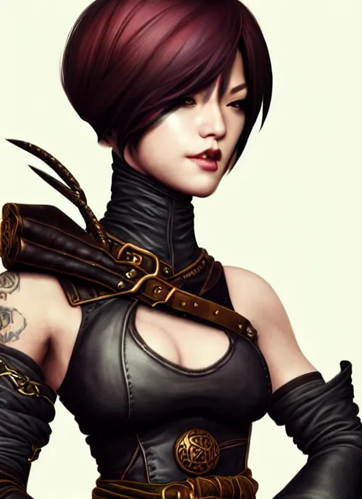 Image similar to rogue, fantasy ornate leather bandit outfit!!! beautiful and athletic short hair female!! gorgeous face and eyes!! character concept art, sharp focus, octane render! unreal engine 5! highly rendered!! trending on artstation!! detailed linework!! illustration by artgerm, wlop, and chie yoshii