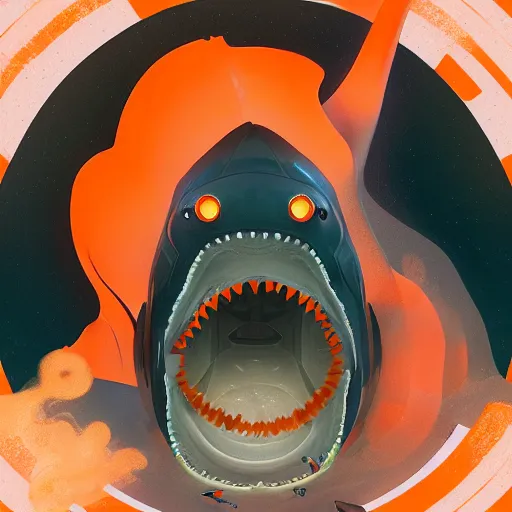 Image similar to half shark half orange and white traffic cone, wide shot, underwater background detailed atmospheric - ron cheng & alphonse mucha, highly detailed, digital painting, ray tracing, concept art, illustration, smooth sharp focus, intricate, symmetry, artstation,