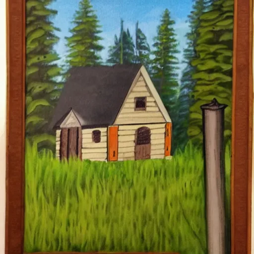 Prompt: a painting of a Eerie cabin in the middle of the woods in the style of 19th century Hudsons bay river school of art
