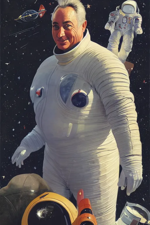 Image similar to portrait of an obese udo kier wearing leather spacesuit, nebula space background and spaceship, illustration by normal rockwell and jacob collins, artstation character art, john berkey, greg rutkowski