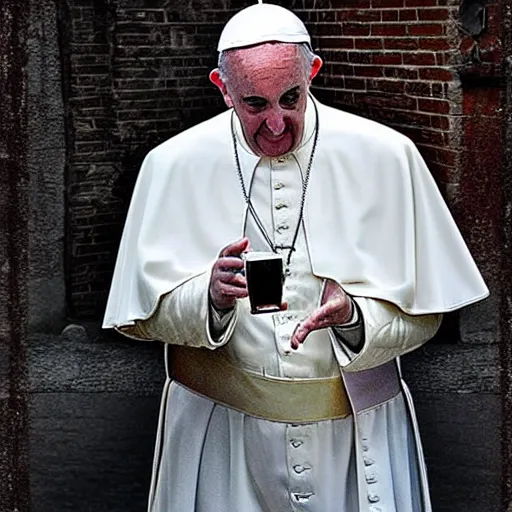Image similar to the pope getting drunk in a back alley, digital photograph, highly detailed