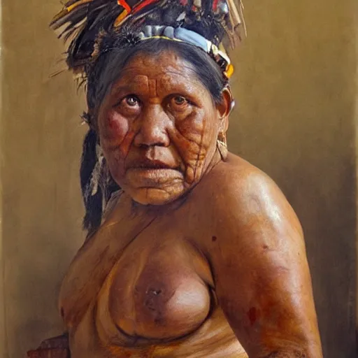 Prompt: high quality high detail painting by jenny saville, hd, full body of a indigenous tribe leader, photorealistic lighting