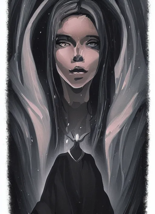 Prompt: a figure wearing a black robe, white glowing eyes, fantasy art, sci - fi, alena aenami and gertrue abercrombie, digital art