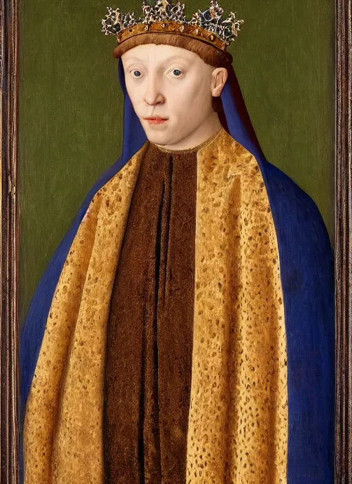 Image similar to portrait of a young man who is a king with a crown, medieval painting by Jan van Eyck, Florence