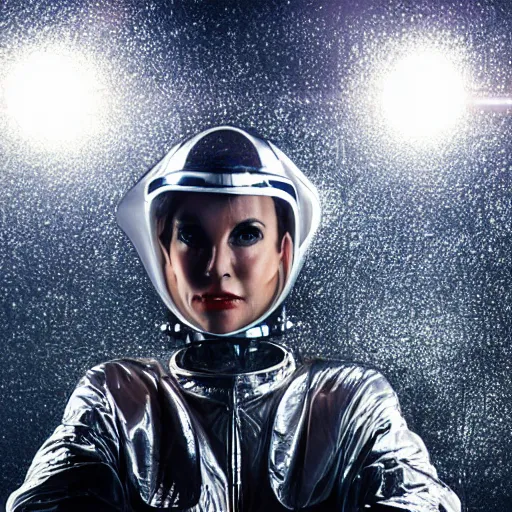 Prompt: 1 9 8 0 s sci - fi portrait photo, a woman wearing a dramatic silver foil and rubber hose spacesuit costume standing on a dark and mysterious alien planet, atmospheric fog, light beams, 4 k