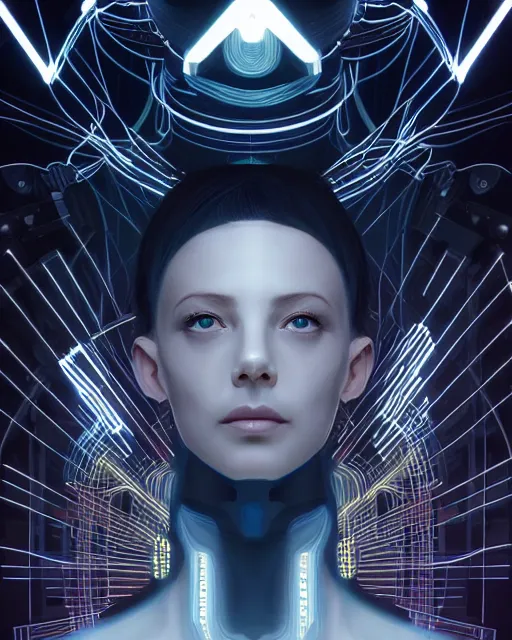 Image similar to symmetry!! centered, head on portrait of a man with futuristic minimalist face tattoos, sci - fi -, cyberpunk, blade runner, glowing lights, tech, biotech, techwear!! intricate, elegant, highly detailed, digital painting, artstation, concept art, smooth, sharp focus, illustration, art by artgerm and greg rutkowski and alphonse mucha