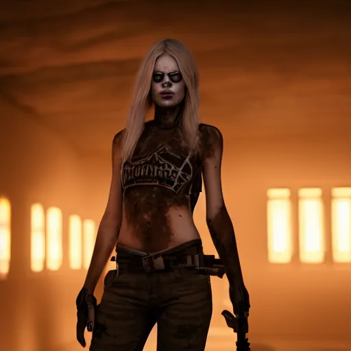 Image similar to octane, Unreal engine, Samara Weaving with skull paint holding a shotgun