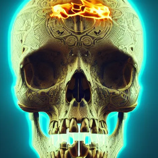 Prompt: a highly detailed human skull with intricate designs with fire for eyes on fire in front of a neon blue background, 3 d, octane render, symmetrical, hyper realism, highly detailed, digital art, artstation, concept art, cinematic lighting, strong bokeh, trending