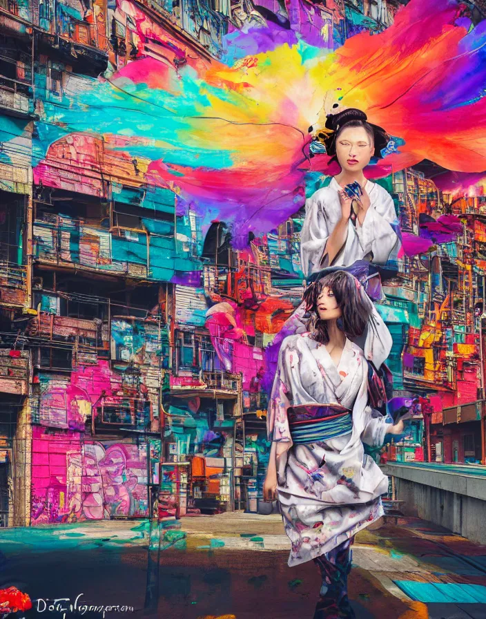 Image similar to semi semi realistic digital painting!! beautiful geisha flying over a colorful subway train yard, grunge, graffiti, tags, dramatic, xray melting colors!!, long lens, shallow depth of field, bokeh, anamorphic lens flare, 8 k, hyper detailed, 3 5 mm film grain