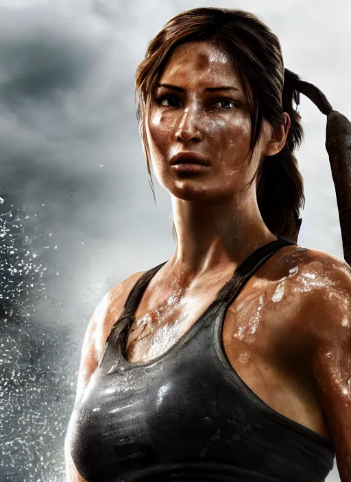 Image similar to a film still of lara croft as blacksmith, her face flushing and sweat, direct sun light, close up potrait, cinematic,