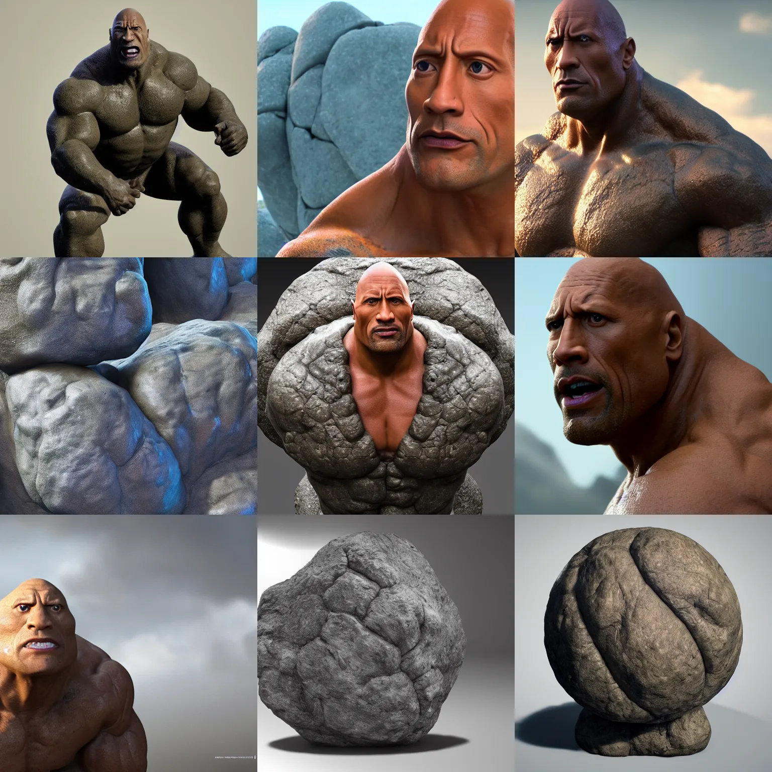 Prompt: dwayne johnson is a boulder rock made of stone, the thing for fantastic 4, octane render, 8 k cinematic still, highly detailed, sculpted in zbrush, textured in substance, featured on artstation