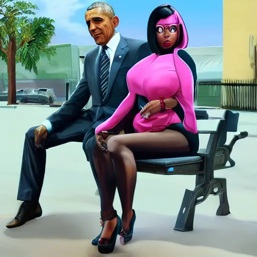 Image similar to nicki minaj sitting in the lap of barack obama in gta v cover art, hyper realistic, highly detailed, trending on artstation