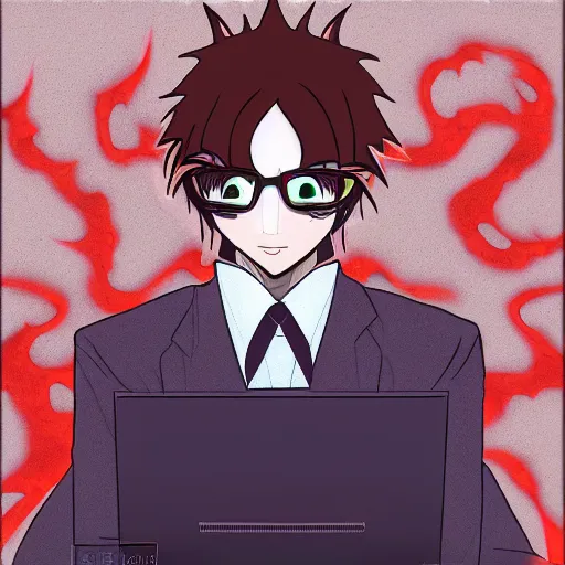 Prompt: a demon programmer gentleman ~ using a laptop ~ evil smile ~ lava background ~ digital art ~ two horns ~