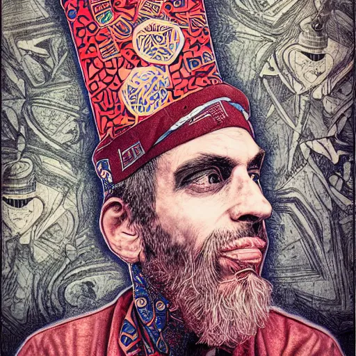 Prompt: A drummer wearing a fez by Android Jones and M. C. Escher collaboration