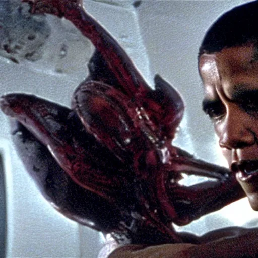 Prompt: film still of Barack Obama being held against a wall by a predator in the movie Alien.