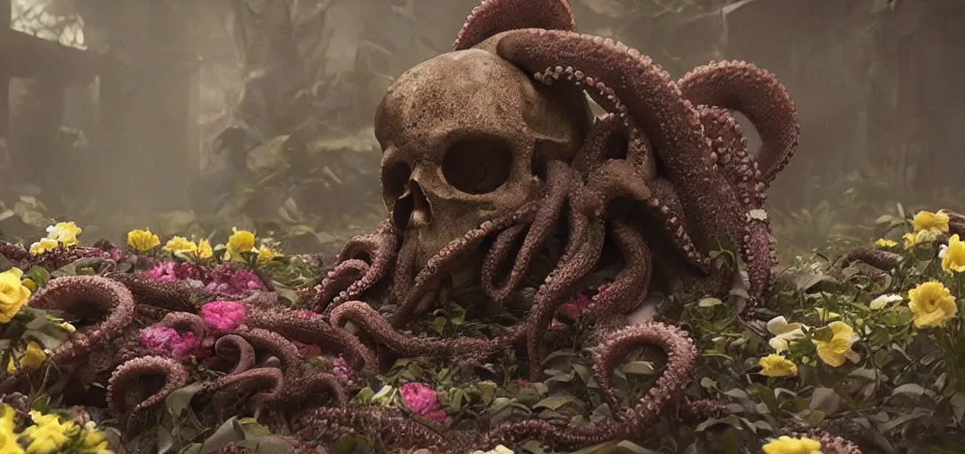 Prompt: an octopus in the shape of a skull surrounded by flowers at midnight, foggy! cinematic shot, photo still from movie by denis villeneuve, wayne barlowe