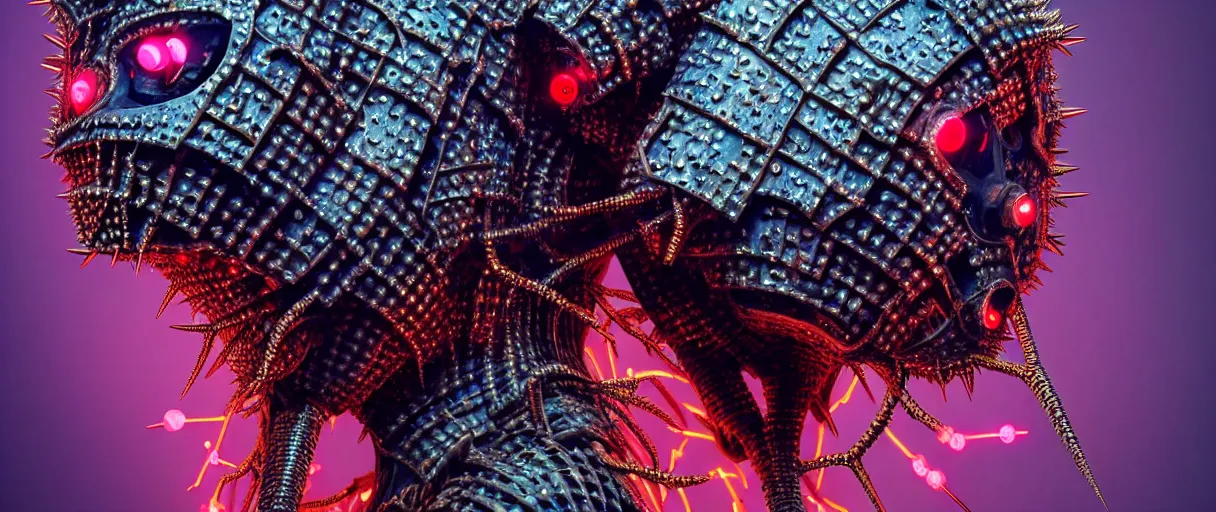 Prompt: hyperrealist highly detailed english medieval portrait of high fashion monster wearing spikey lopsided wired mecha armor, radiating atomic neon corals, veiny network growth with fungal pattern, concept art pascal blanche dramatic studio lighting 8k wide angle shallow depth of field