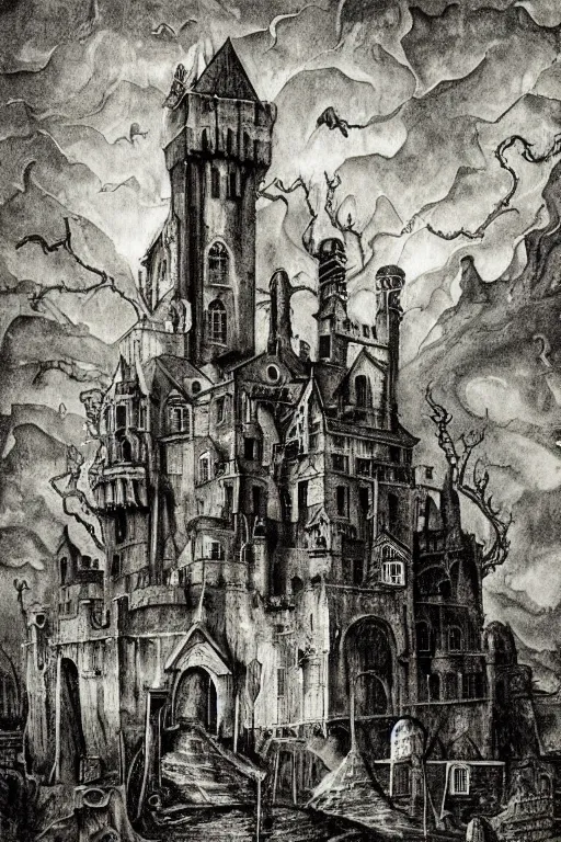 Image similar to lovecraftian, style of Bosch, castle, storm, architecture