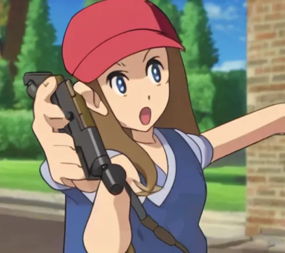 Prompt: marnie from pokemon pointing a gun at the screen