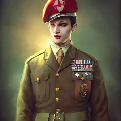 Prompt: gorgeous happy devil in military uniform by tom bagshaw, by beeple, soft lighting, solid background,