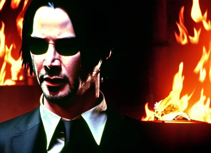 Image similar to A photo of Keanu Reeves as Neo in The Matrix movie doing a thumb up to the camera in front on burning servers, servers in flames in the background, doing a thumb up, uncropped, full body, crispy, ultra detailed, cinematic