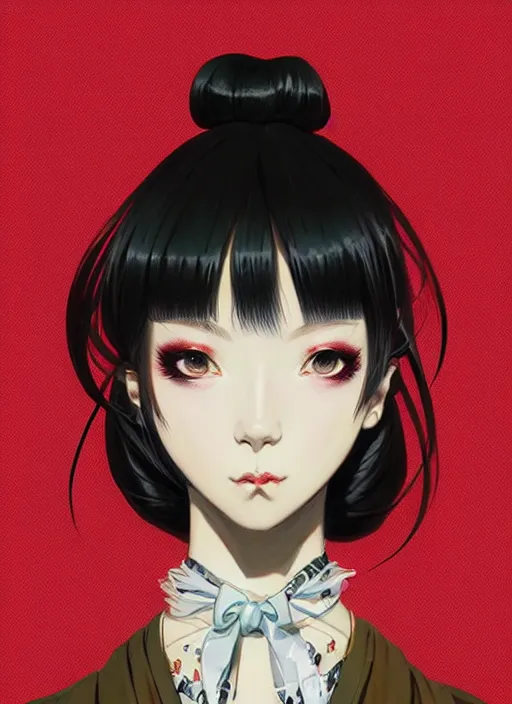 Prompt: a portrait of a young woman in japanese street fashion clothing, confident pose, intricate, elegant, sharp focus, illustration, highly detailed, concept art, matte, trending on artstation, anime, art by james jean and artgerm and brian despain and alberto mielgo, greg rutkowski, wlop, ilya kuvshinov, strong strokes