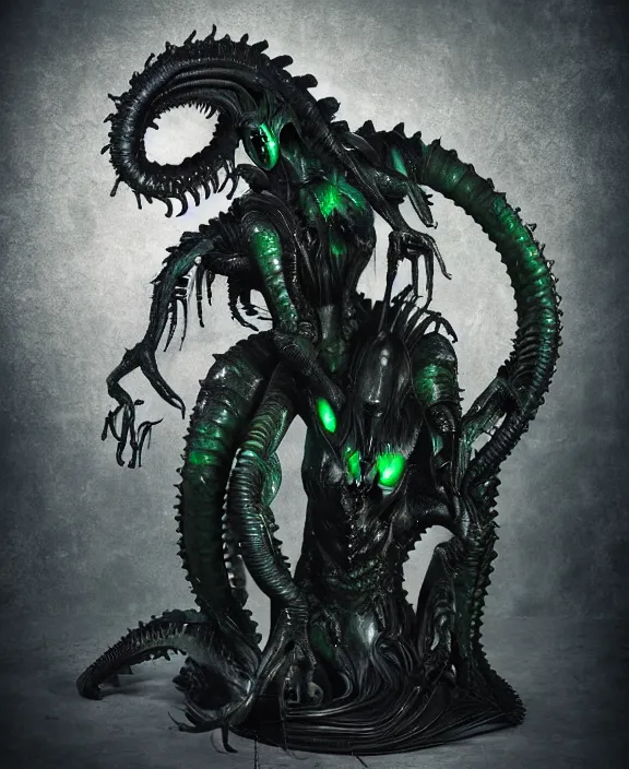 Image similar to xenomorph queen goth model hybrid, dragon eggs, dark emerald mist colors, giger background liminal void, cinematic lighting, realistic, award winning photograph, various refining methods, micro macro autofocus