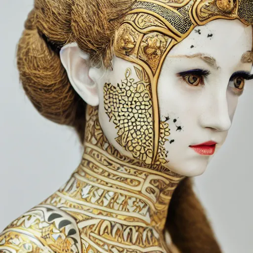 Prompt: portrait photograph of an incredibly realistic porcelain woman with symmetrical, fine gold drawings on the skin. Macro details. 8k.