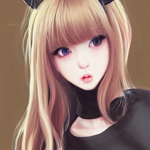 Image similar to realistic beautiful gorgeous natural cute Blackpink Lalisa Manoban blonde hair cute fur blonde cat ears wearing headphones wearing black leather choker in sweaters outfit golden eyes artwork drawn full HD 4K highest quality in artstyle by professional artists WLOP, Taejune Kim, Guweiz, ArtGerm on Artstation Pixiv