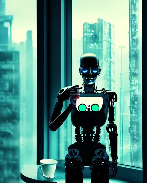 Image similar to a terminator cyborg lady with borg implants is drinking coffee near a window with dystopian city visible outside. tiny green led lights in her cybernetics. very detailed 8 k. horror cyberpunk style.